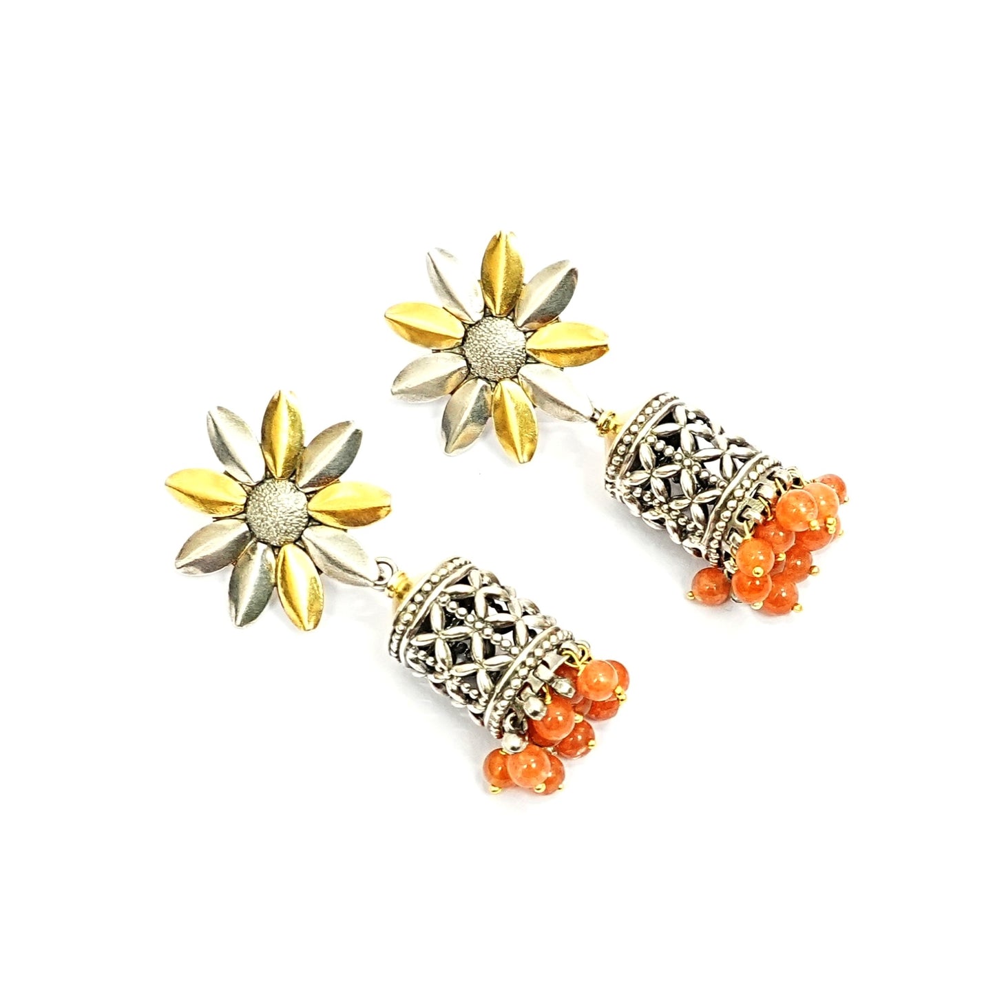 Women’s Sterling Silver Earrings – Floral Jhumki with Beads (7 cm)
