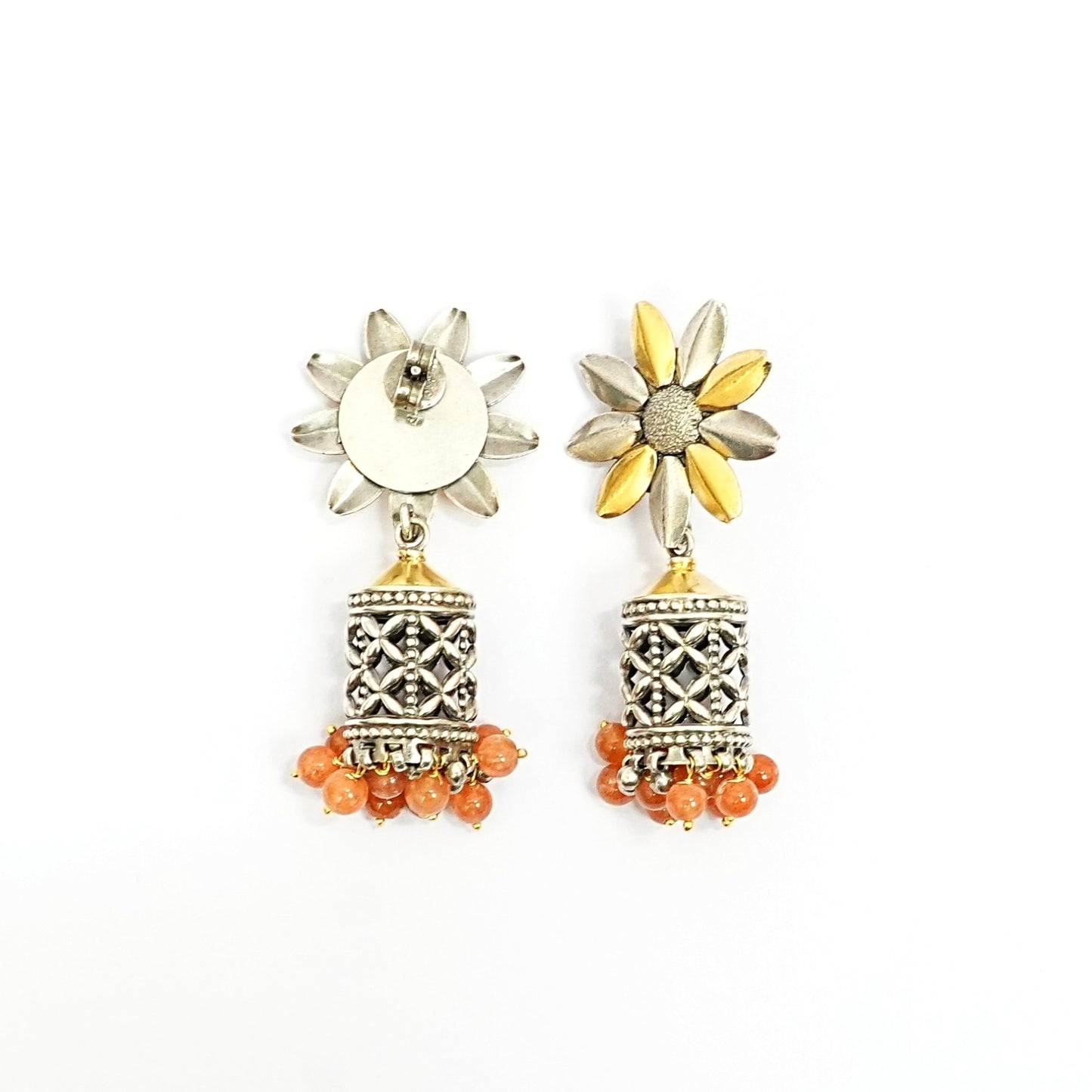 Women’s Sterling Silver Earrings – Floral Jhumki with Beads (7 cm)