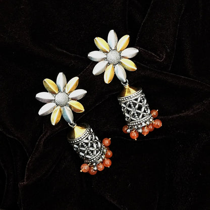 Women’s Sterling Silver Earrings – Floral Jhumki with Beads (7 cm)