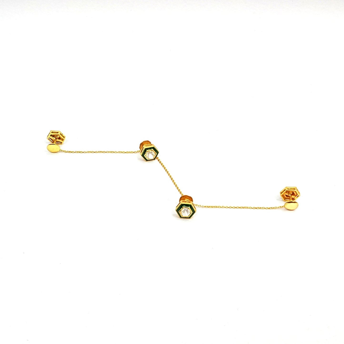 Men’s Sterling Silver Kurta Buttons – Gold-Plated Moissanite & Green Enamel Set (Standard Size)