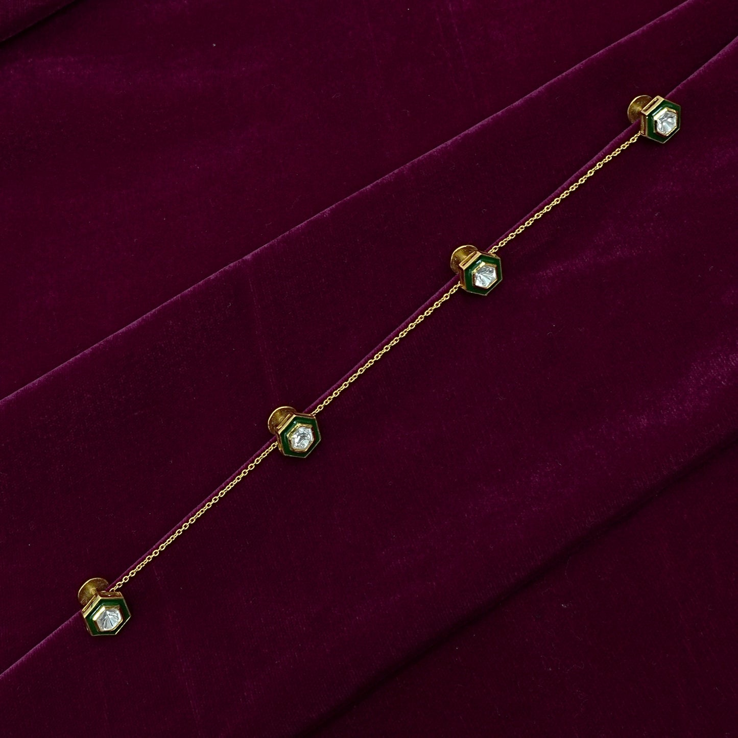 Men’s Sterling Silver Kurta Buttons – Gold-Plated Moissanite & Green Enamel Set (Standard Size)