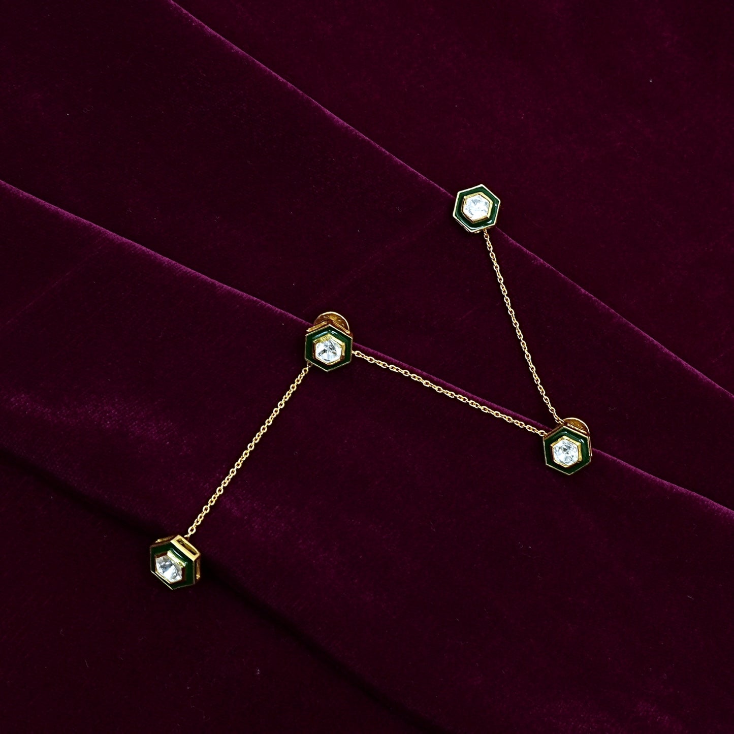 Men’s Sterling Silver Kurta Buttons – Gold-Plated Moissanite & Green Enamel Set (Standard Size)