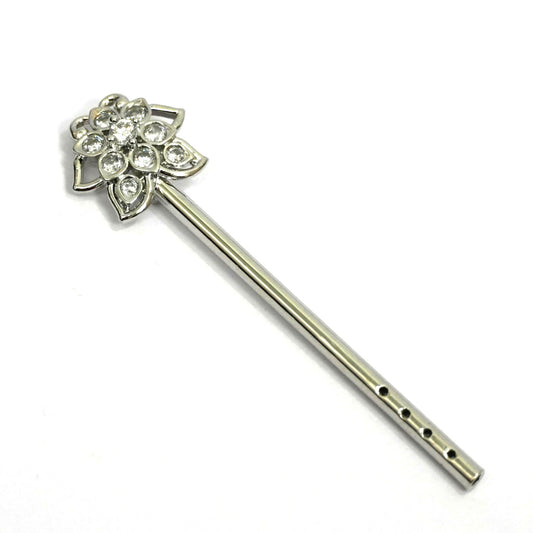 Sterling Silver Krishna Bansuri – Floral Gemstone Design (2.25 inch)