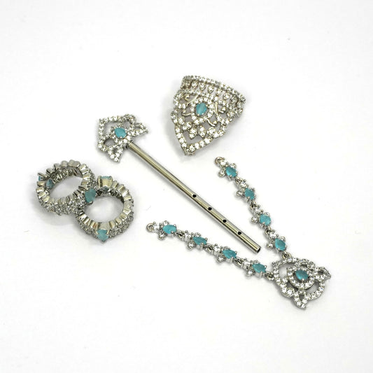 Sterling Silver Krishna Accessories Set – Bansuri, Mala, Mukut & Kade (Turquoise Gemstones)