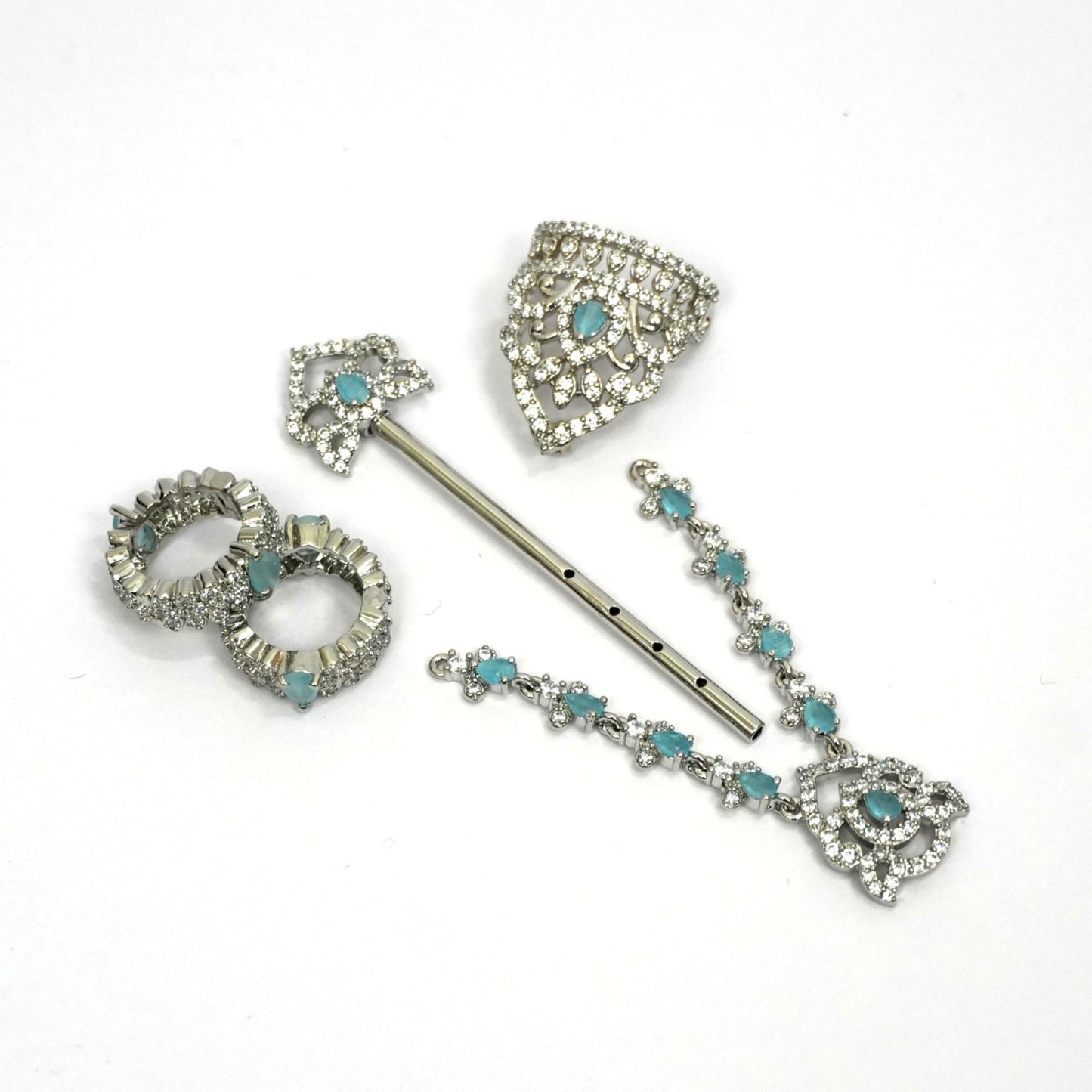 Sterling Silver Krishna Accessories Set – Bansuri, Mala, Mukut & Kade (Turquoise Gemstones)