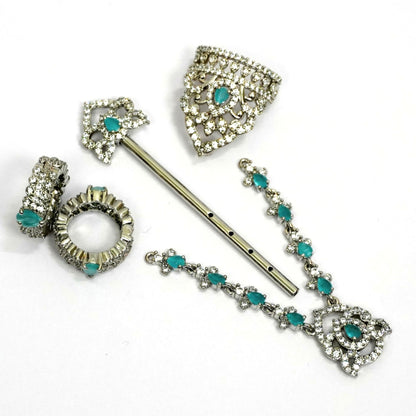 Sterling Silver Krishna Accessories Set – Bansuri, Mala, Mukut & Kade (Turquoise Gemstones)