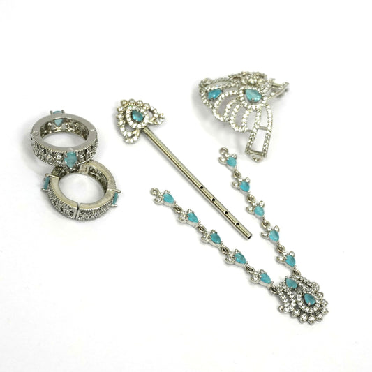Sterling Silver Krishna Accessories Set – Bansuri, Mala, Mukut & Kada (Turquoise Gemstones)