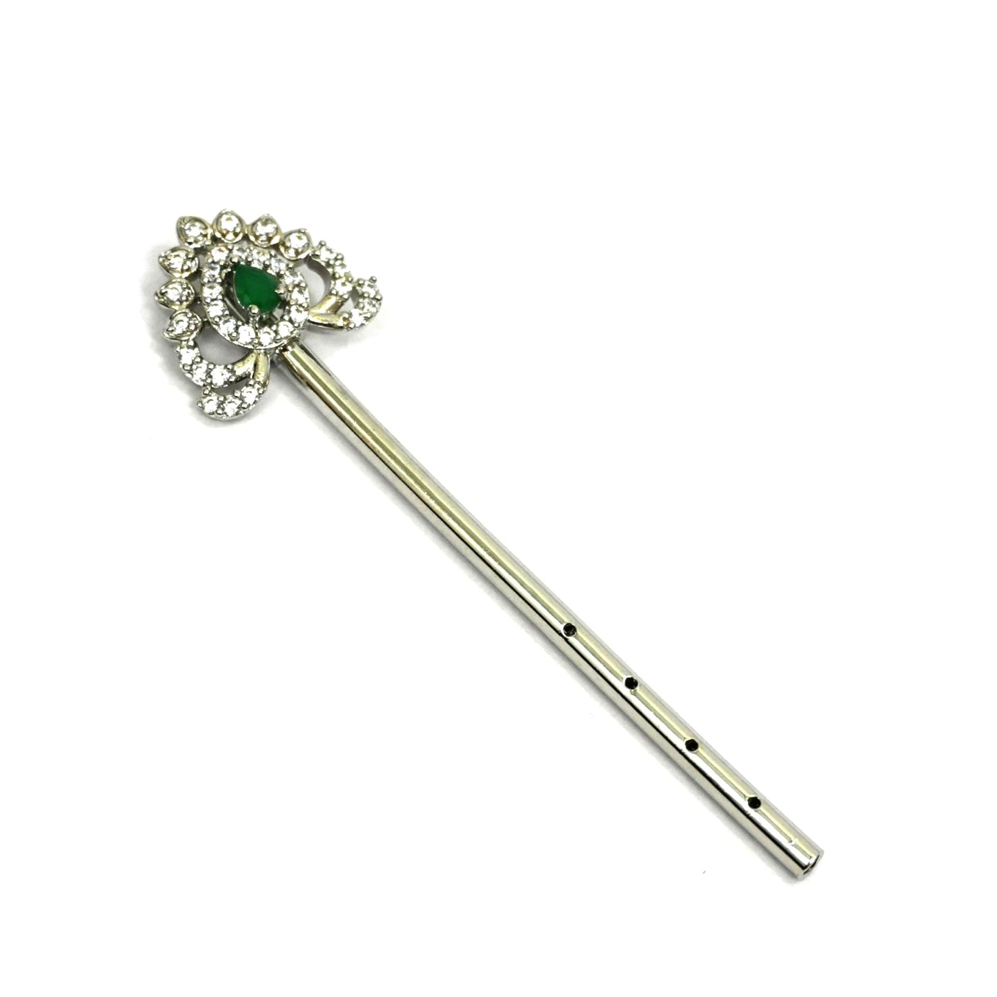 Sterling Silver Krishna Accessories Set – Bansuri, Mala, Mukut & Kada (Green Gemstones)