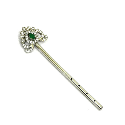 Sterling Silver Krishna Accessories Set – Bansuri, Mala, Mukut & Kada (Green Gemstones)