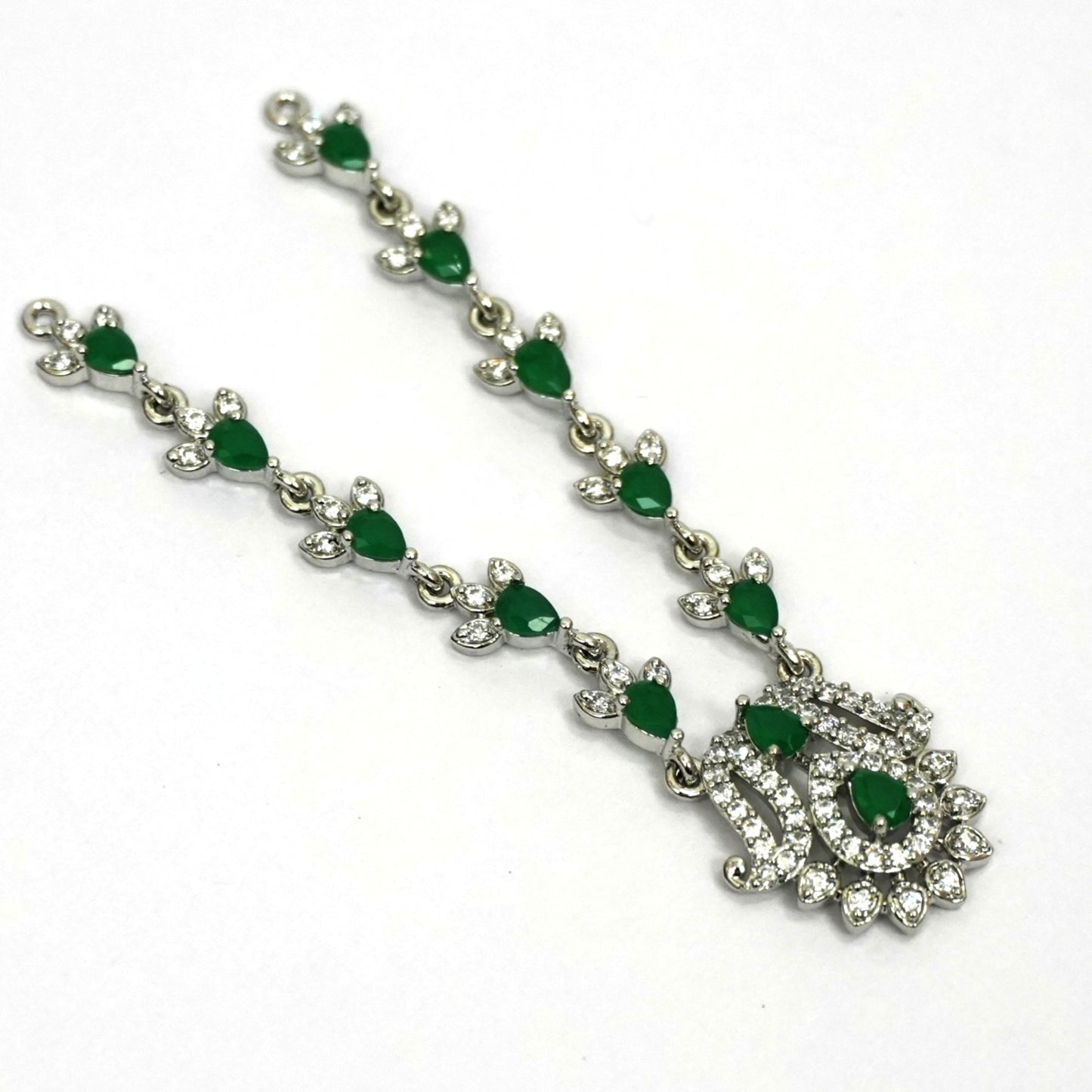 Sterling Silver Krishna Accessories Set – Bansuri, Mala, Mukut & Kada (Green Gemstones)