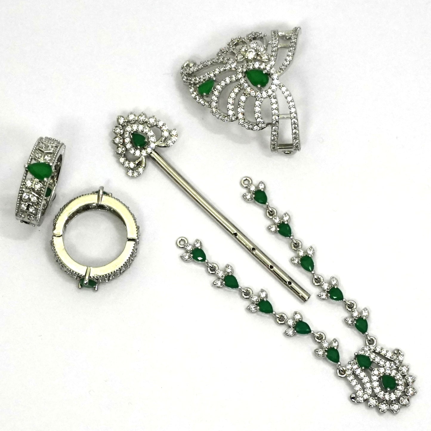 Sterling Silver Krishna Accessories Set – Bansuri, Mala, Mukut & Kada (Green Gemstones)