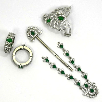 Sterling Silver Krishna Accessories Set – Bansuri, Mala, Mukut & Kada (Green Gemstones)