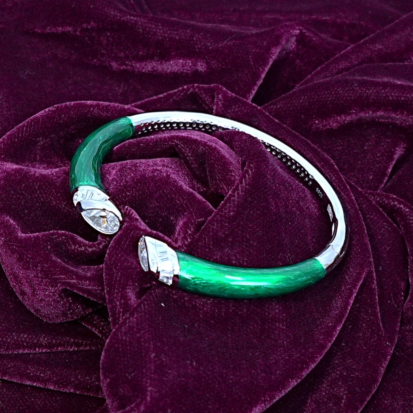 Sterling Silver Bracelet – Green Enamel & White CZ Design