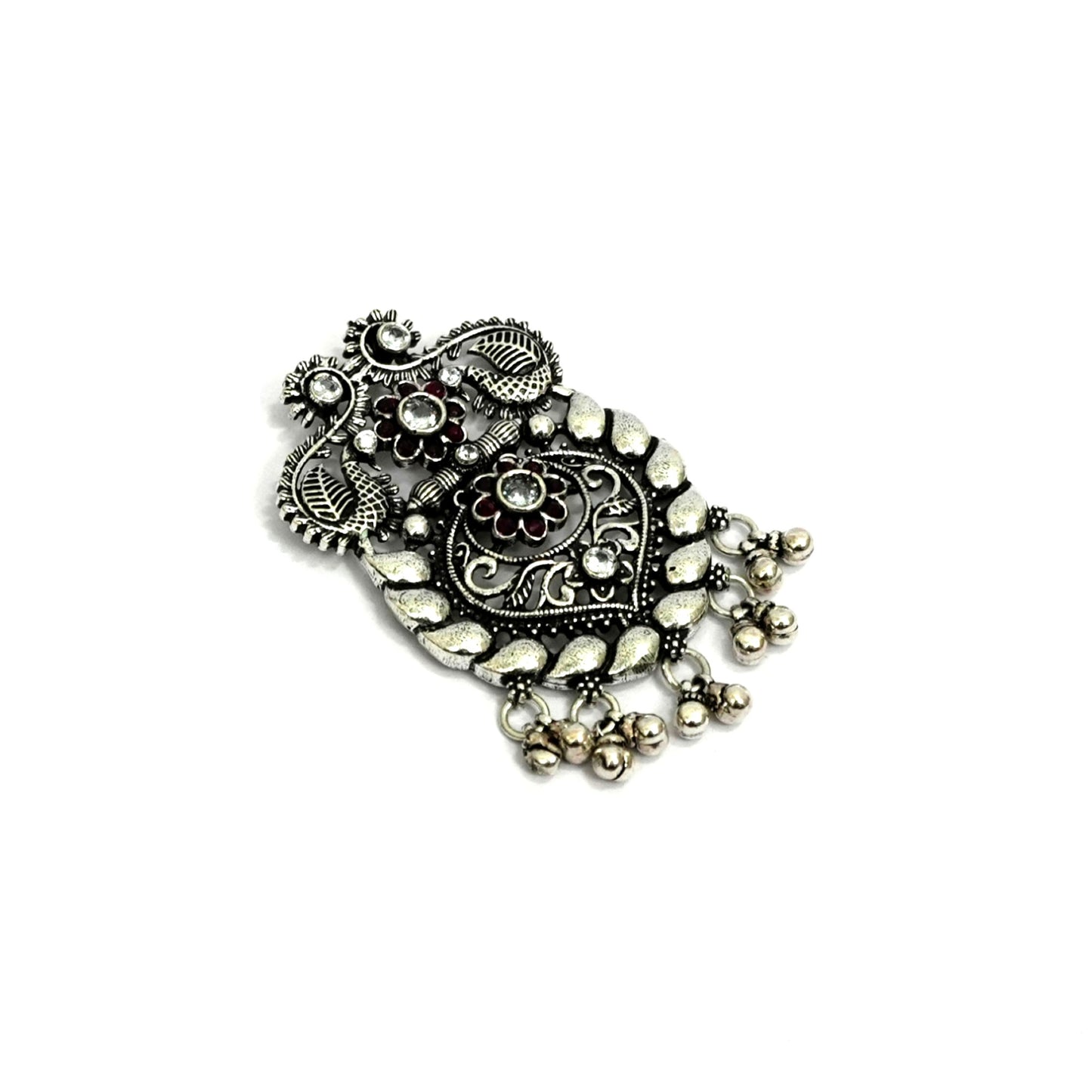 Sterling Silver Necklace – Floral & Paisley Motif with Red Gemstones