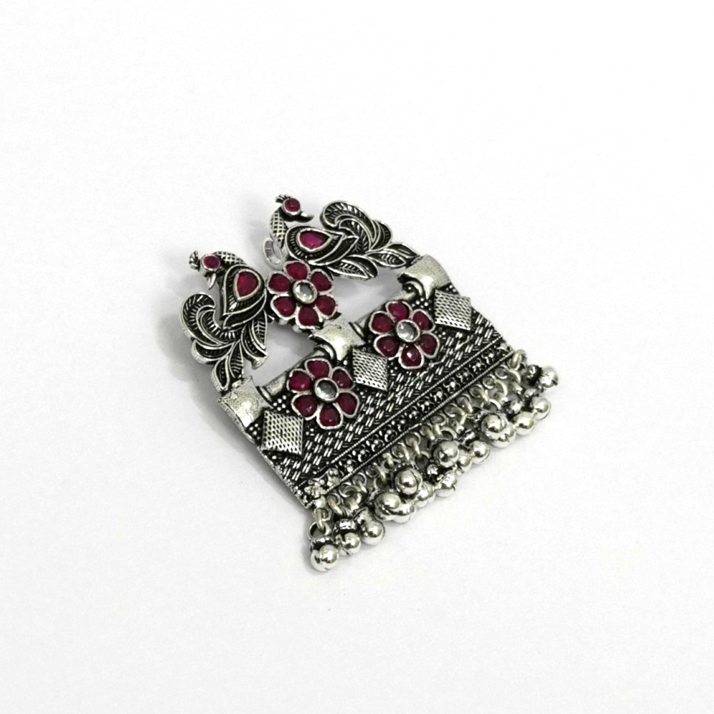 Sterling Silver Necklace – Floral Motif with Dark Pink Ruby Gemstones