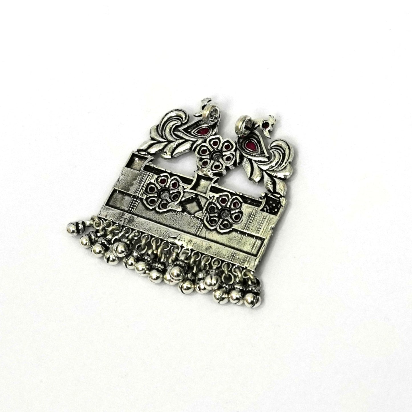 Sterling Silver Necklace – Floral Motif with Dark Pink Ruby Gemstones