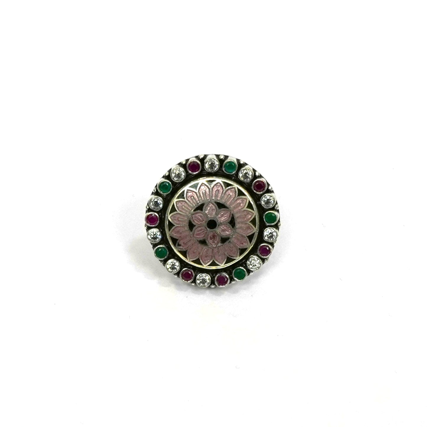 Sterling Silver Adjustable Ring – Pink Enamel with Emerald, Ruby & CZ