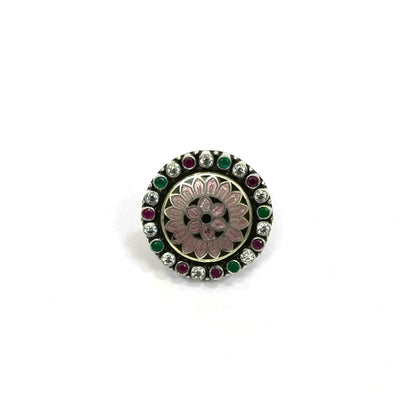 Sterling Silver Adjustable Ring – Pink Enamel with Emerald, Ruby & CZ