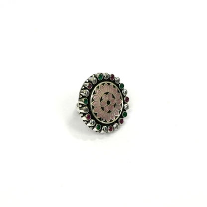 Sterling Silver Adjustable Ring – Pink Enamel with Emerald, Ruby & CZ