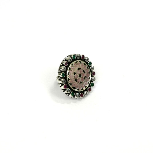 Sterling Silver Adjustable Ring – Pink Enamel with Emerald, Ruby & CZ