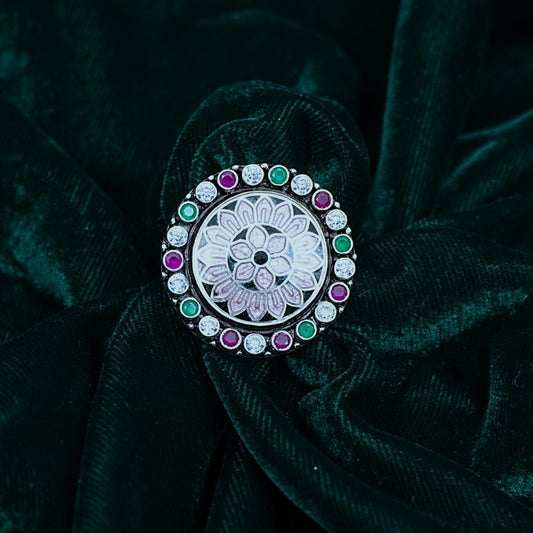 Sterling Silver Adjustable Ring – Pink Enamel with Emerald, Ruby & CZ