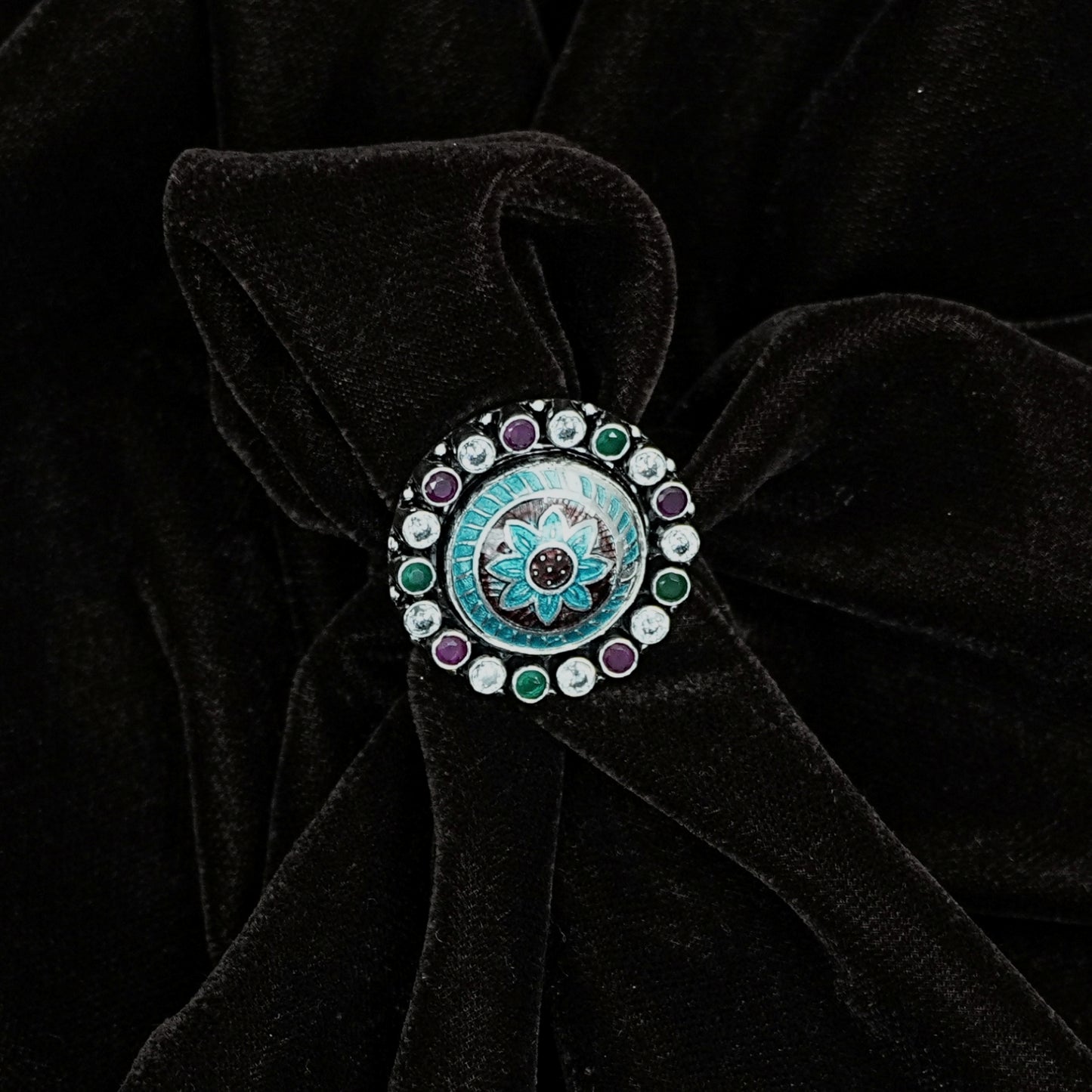 Sterling Silver Adjustable Ring – Blue Enamel with Emerald, Ruby & CZ