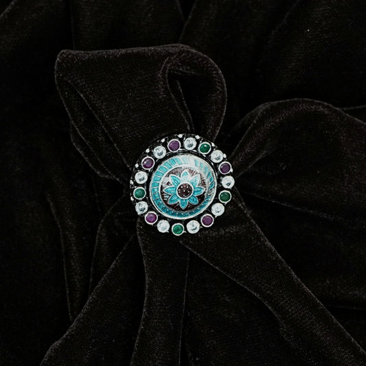 Sterling Silver Adjustable Ring – Blue Enamel with Emerald, Ruby & CZ