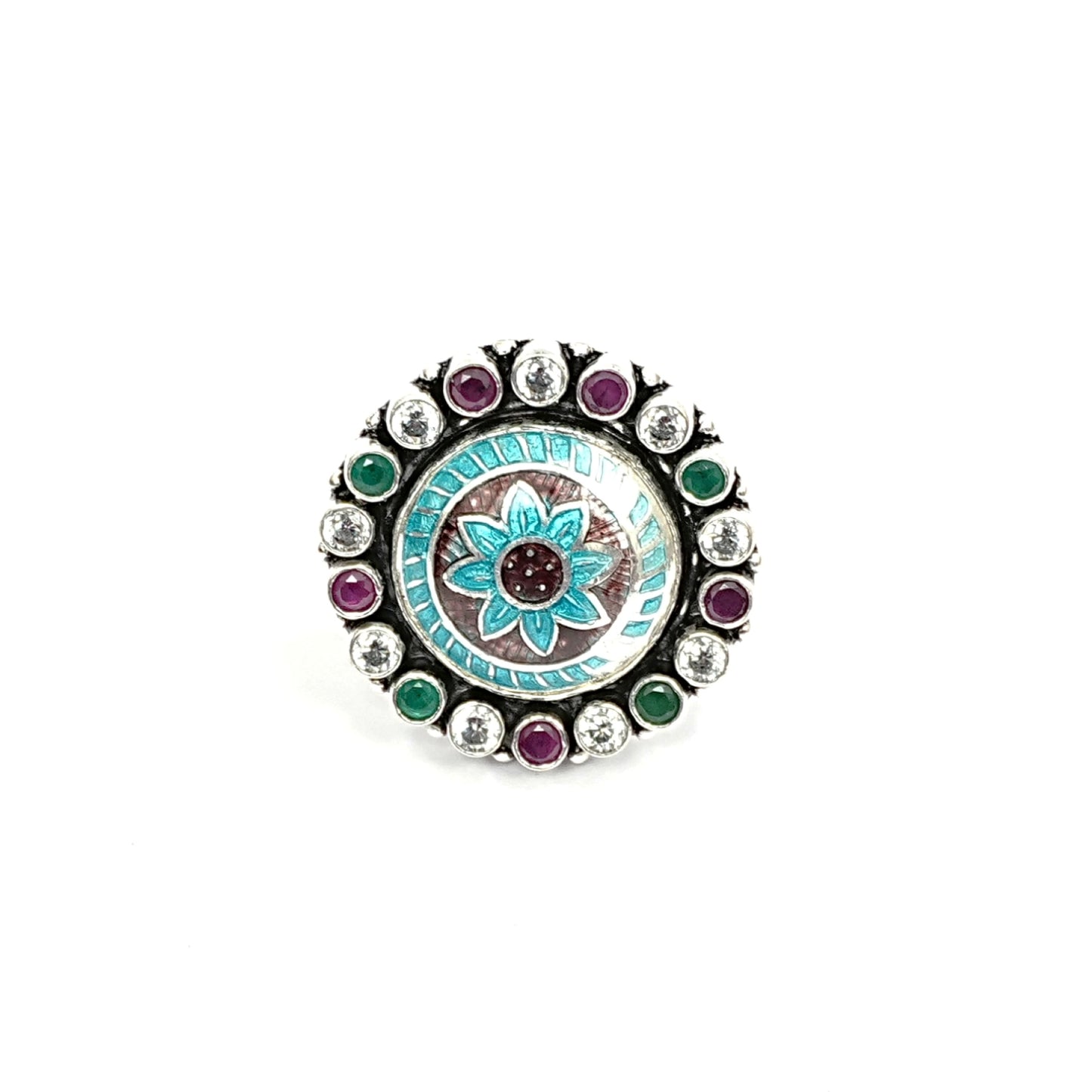 Sterling Silver Adjustable Ring – Blue Enamel with Emerald, Ruby & CZ