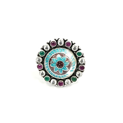 Sterling Silver Adjustable Ring – Blue Enamel with Emerald, Ruby & CZ