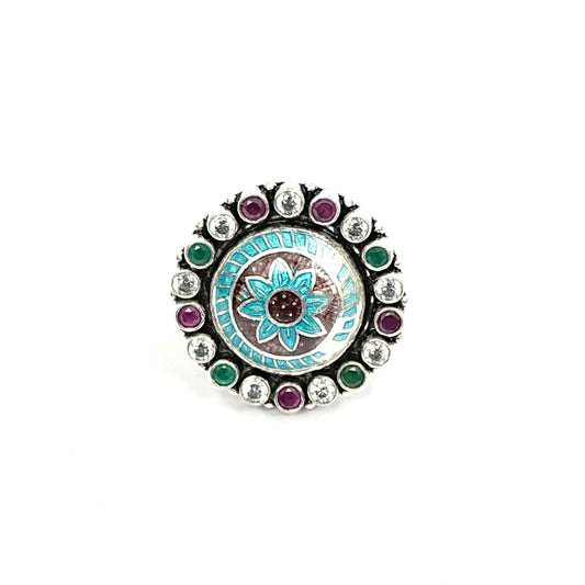 Sterling Silver Adjustable Ring – Blue Enamel with Emerald, Ruby & CZ