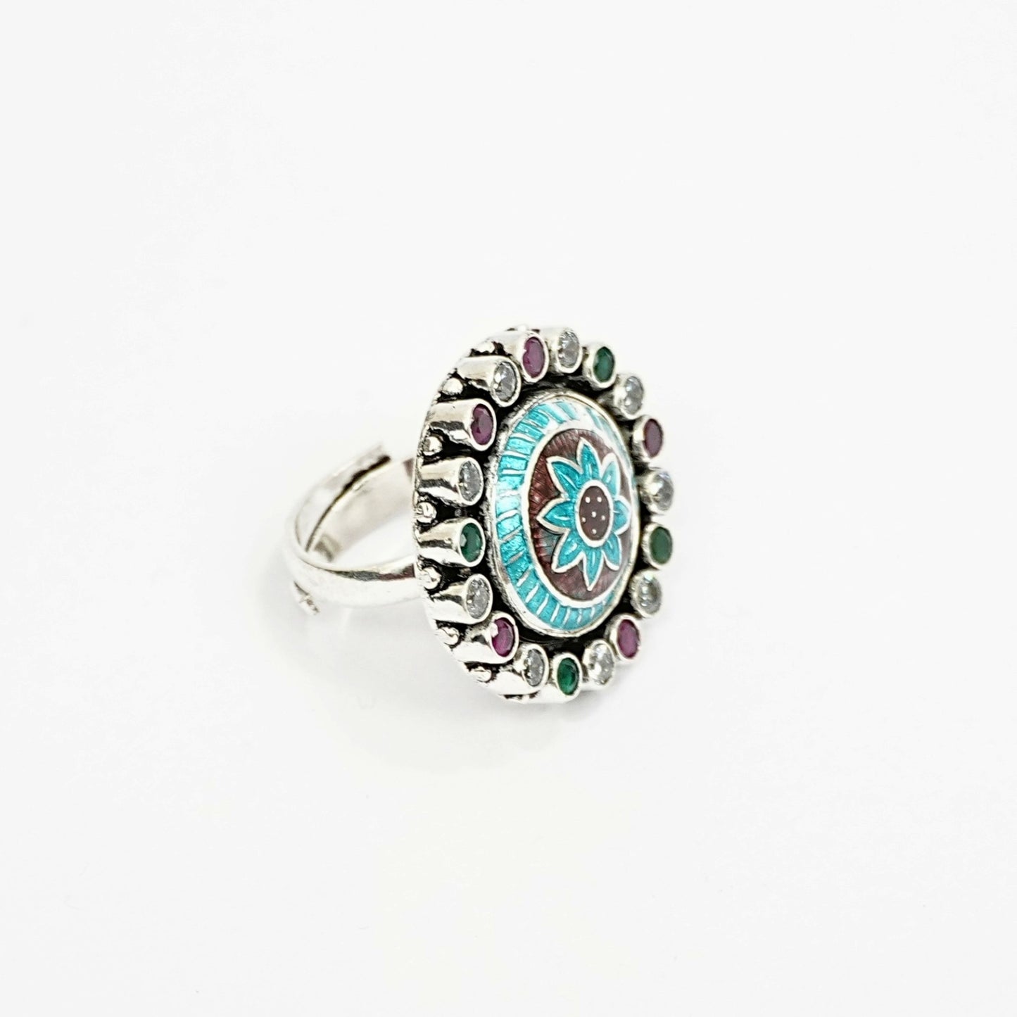 Sterling Silver Adjustable Ring – Blue Enamel with Emerald, Ruby & CZ