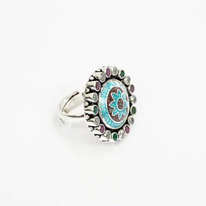 Sterling Silver Adjustable Ring – Blue Enamel with Emerald, Ruby & CZ