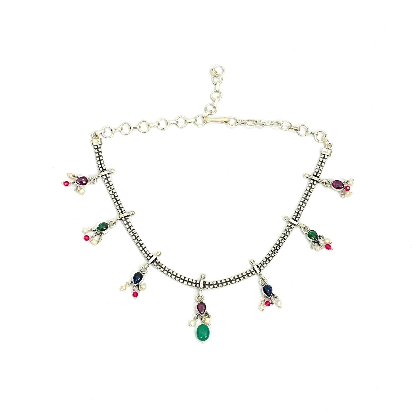 Sterling Silver Tribal Necklace – Multicolor Gemstone Charm Design