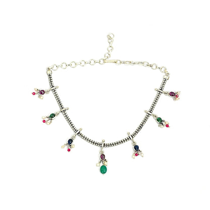 Sterling Silver Tribal Necklace – Multicolor Gemstone Charm Design