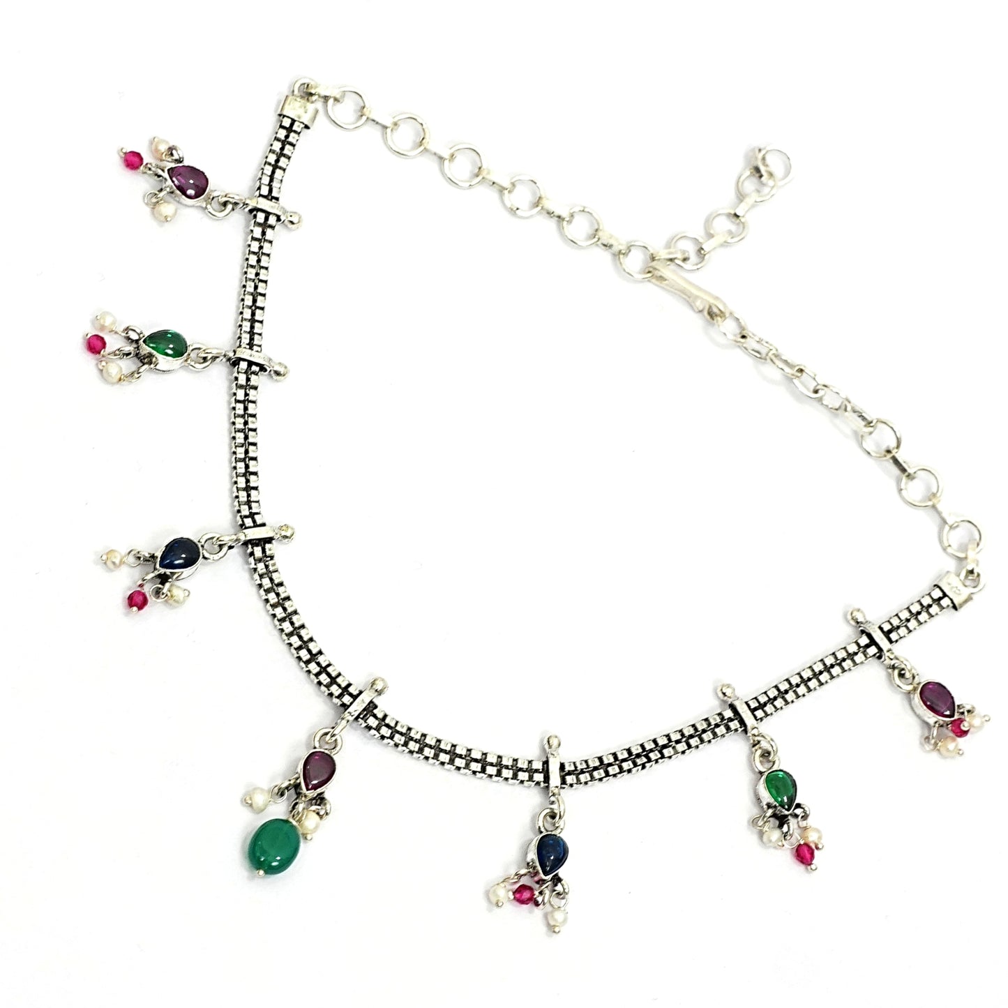 Sterling Silver Tribal Necklace – Multicolor Gemstone Charm Design