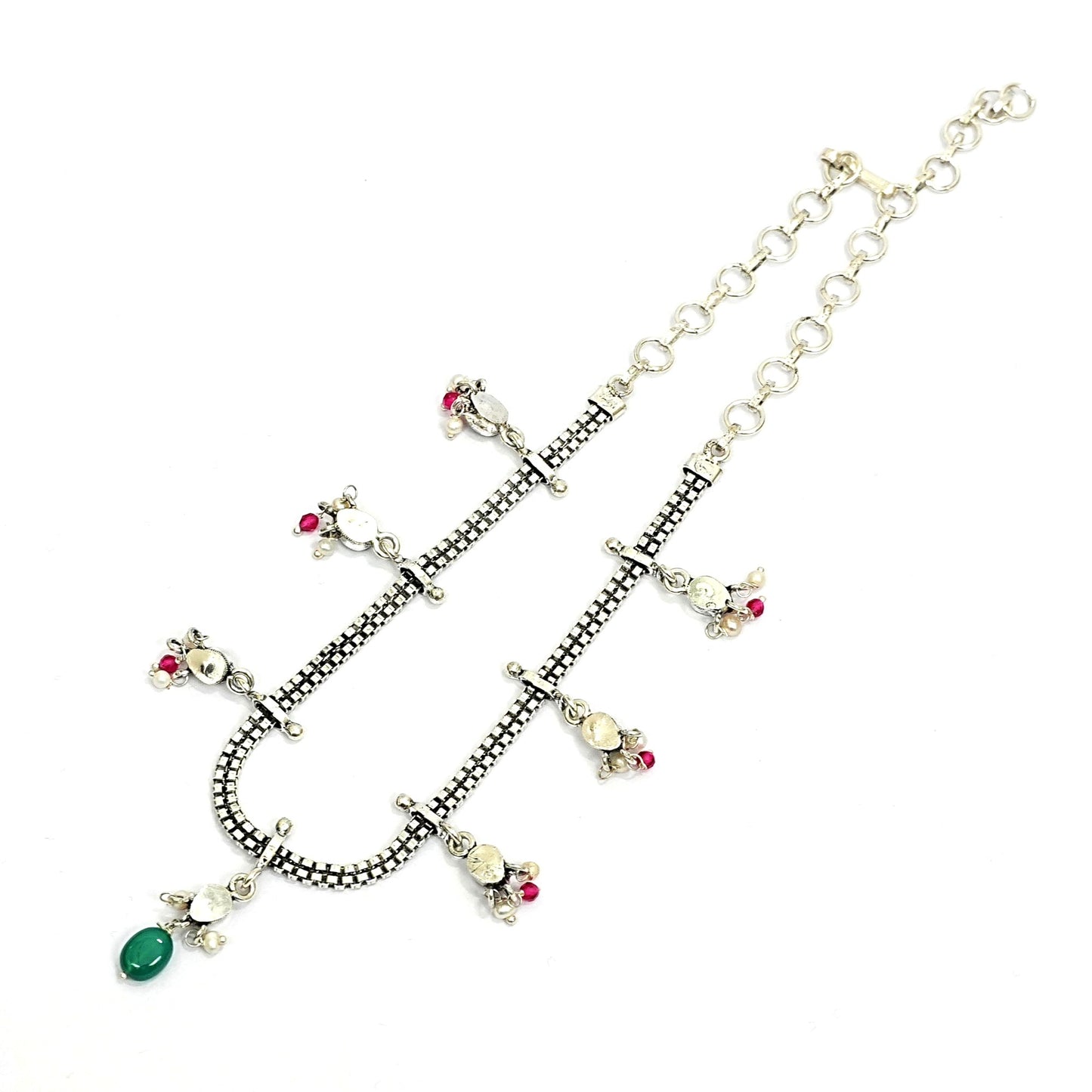 Sterling Silver Tribal Necklace – Multicolor Gemstone Charm Design