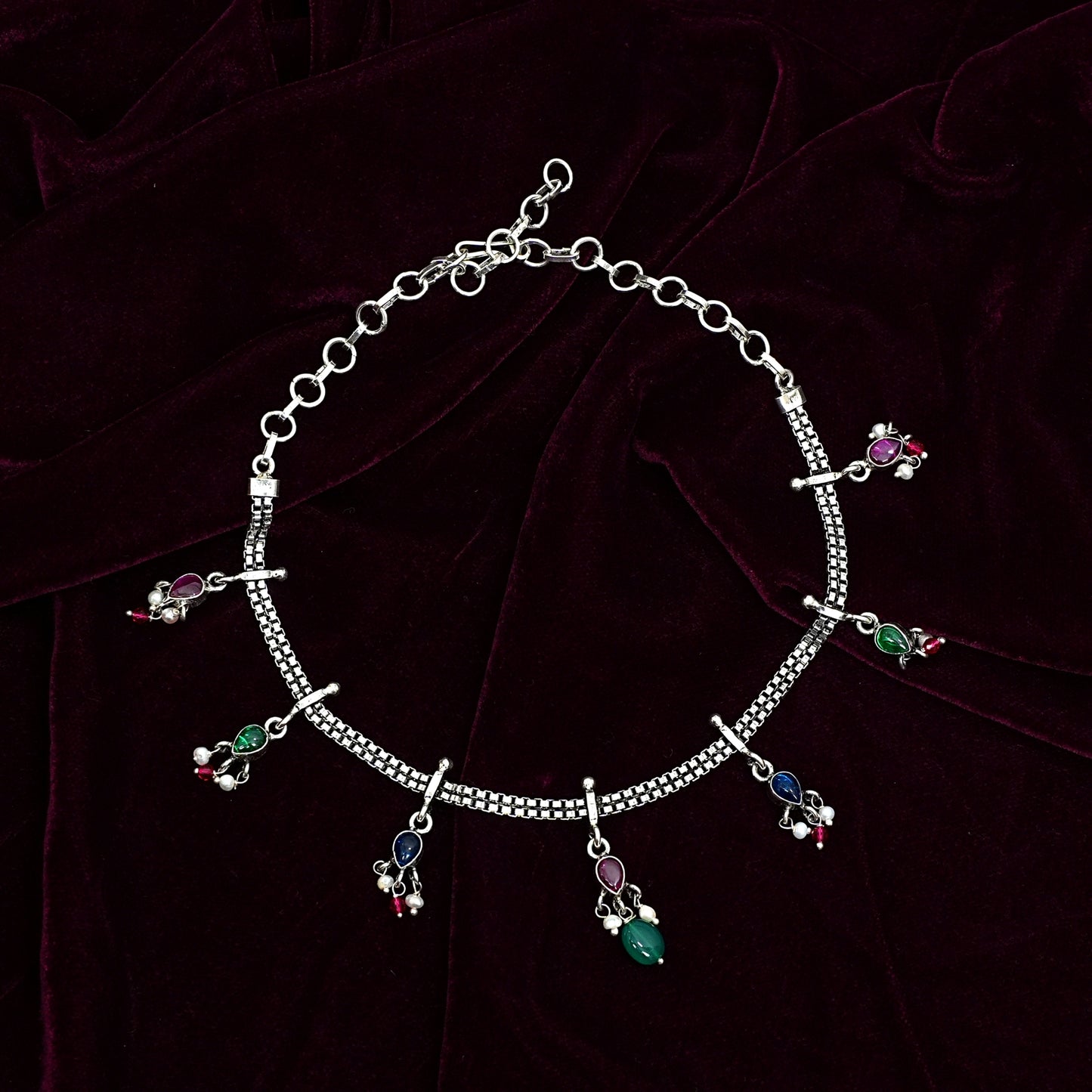Sterling Silver Tribal Necklace – Multicolor Gemstone Charm Design