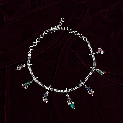 Sterling Silver Tribal Necklace – Multicolor Gemstone Charm Design