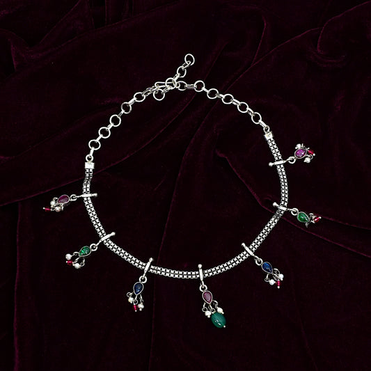 Sterling Silver Tribal Necklace – Multicolor Gemstone Charm Design