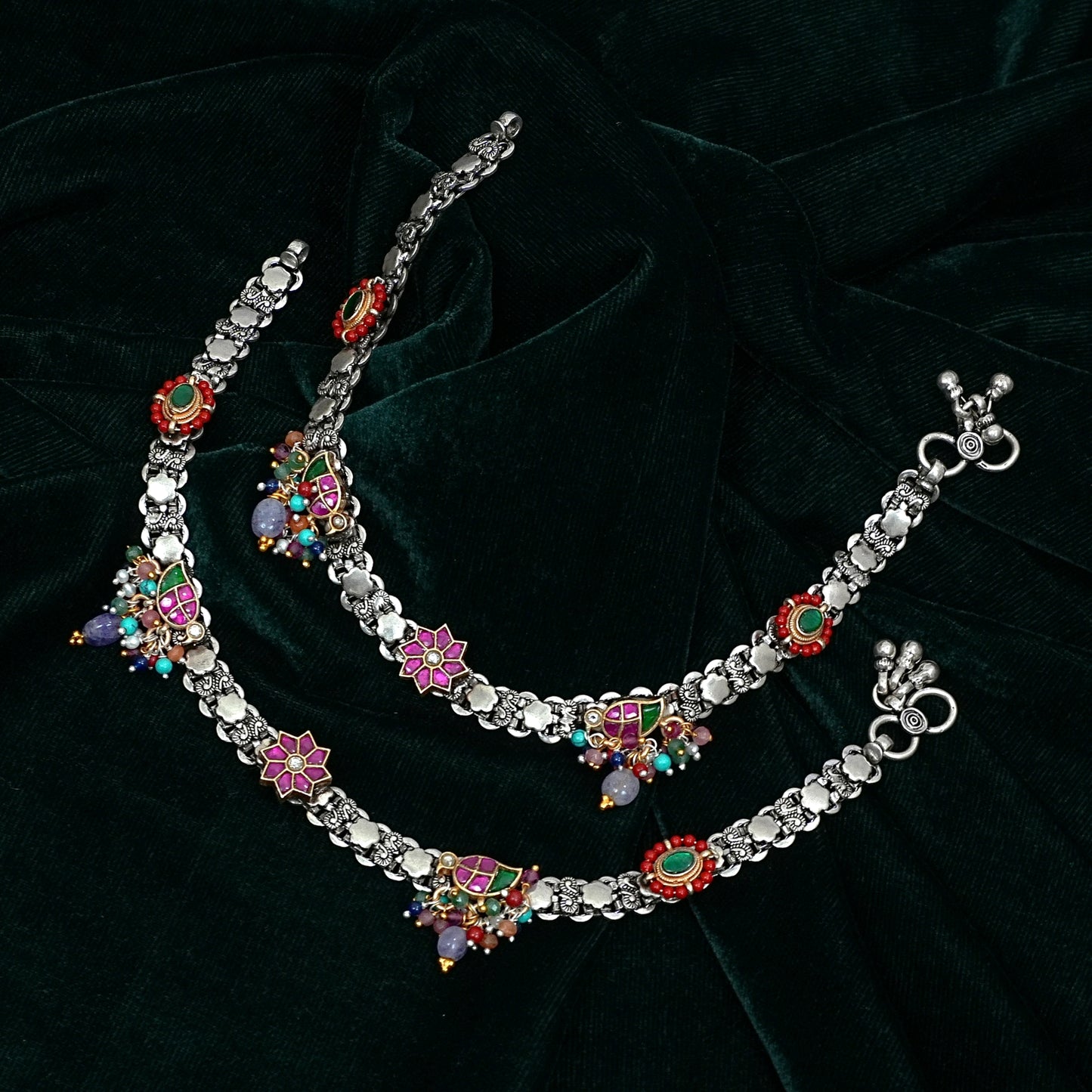 Sterling Silver Anklet – Coral Beads & Enamel Work