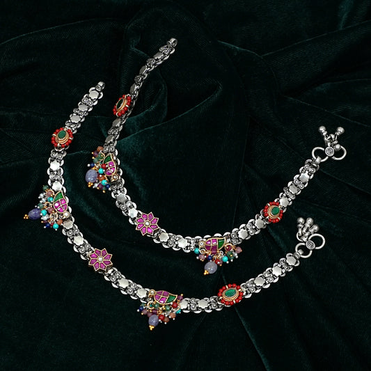 Sterling Silver Anklet – Coral Beads & Enamel Work