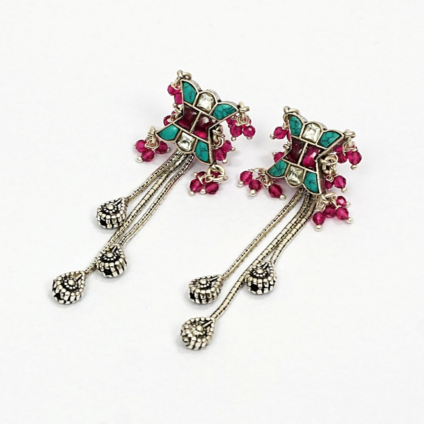 Sterling Silver Tribal Necklace Set – Turquoise Green & Red Gemstone Motif