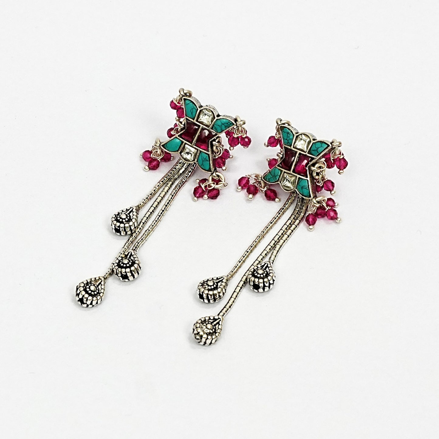 Sterling Silver Tribal Necklace Set – Turquoise Green & Red Gemstone Motif