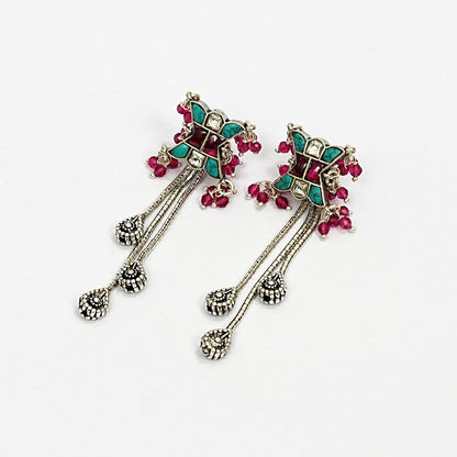 Sterling Silver Tribal Necklace Set – Turquoise Green & Red Gemstone Motif