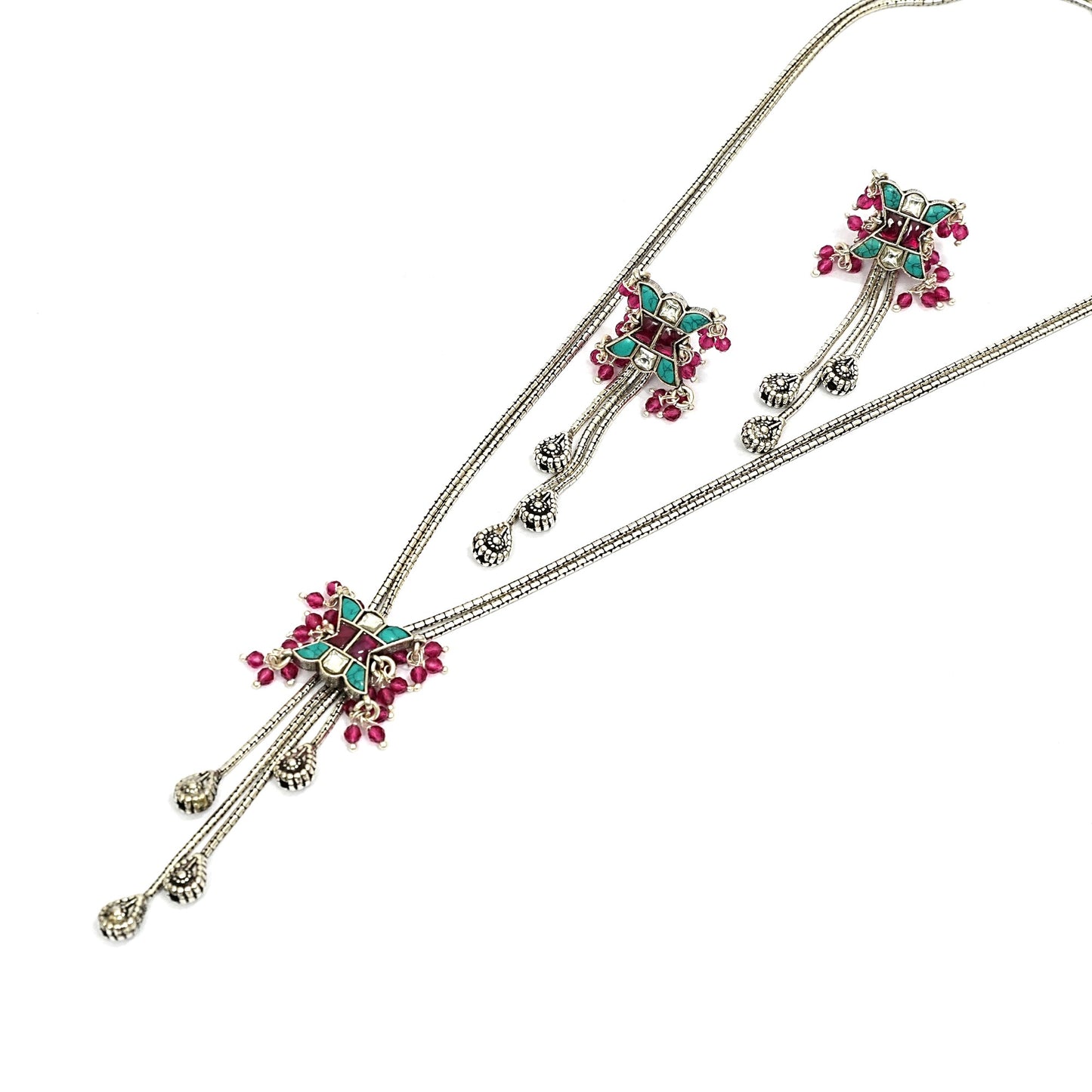 Sterling Silver Tribal Necklace Set – Turquoise Green & Red Gemstone Motif