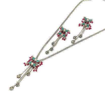 Sterling Silver Tribal Necklace Set – Turquoise Green & Red Gemstone Motif