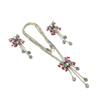 Sterling Silver Tribal Necklace Set – Turquoise Green & Red Gemstone Motif
