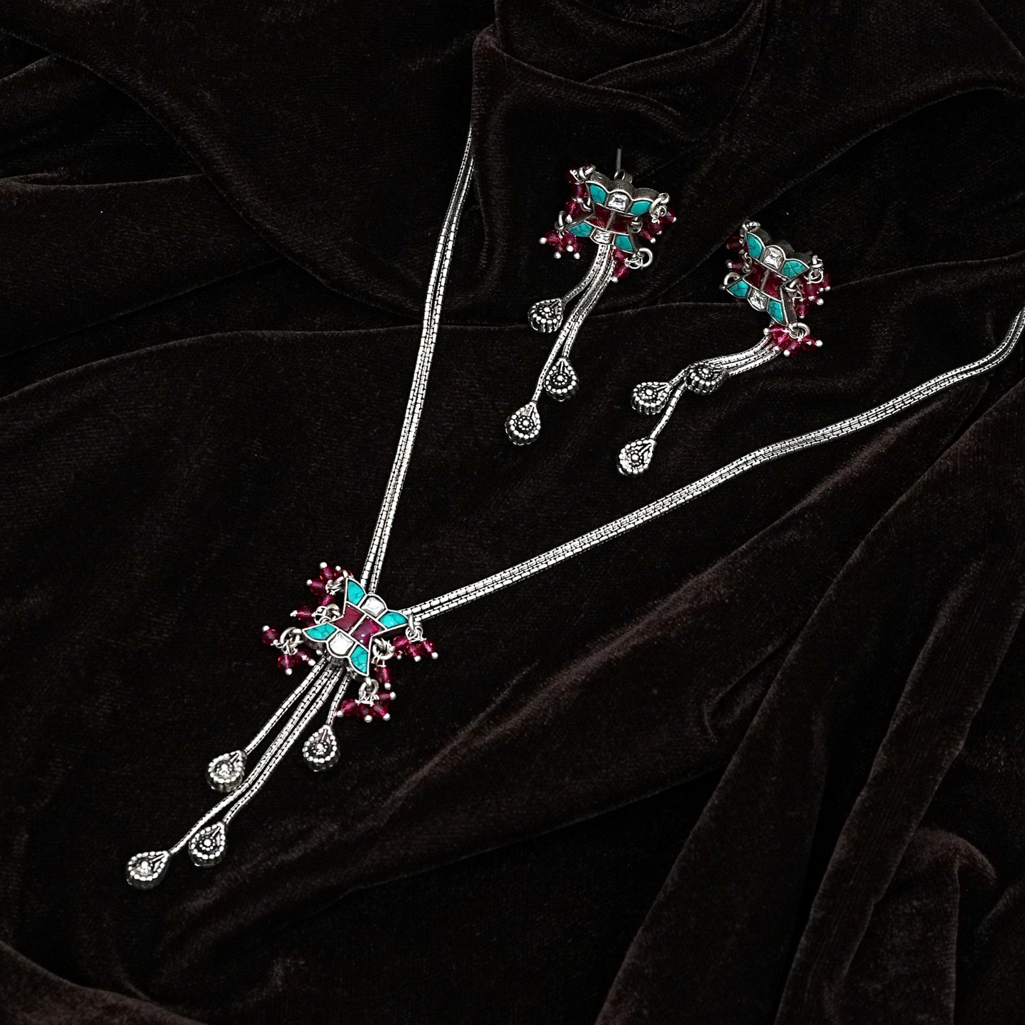 Sterling Silver Tribal Necklace Set – Turquoise Green & Red Gemstone Motif