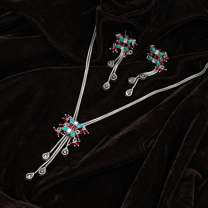Sterling Silver Tribal Necklace Set – Turquoise Green & Red Gemstone Motif