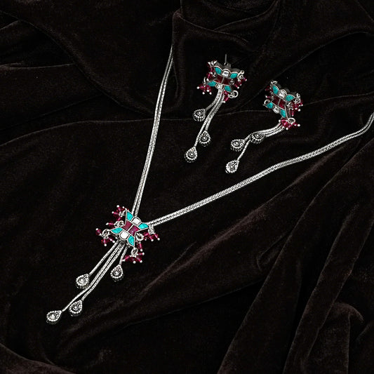 Sterling Silver Tribal Necklace Set – Turquoise Green & Red Gemstone Motif